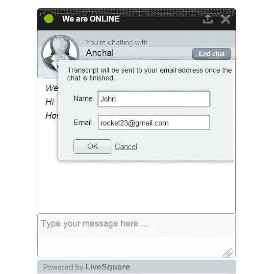 LiveSquare Live Chat Support Send Transcript To Email